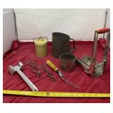 Meat tenderizer, tongs, sugar container, sifters