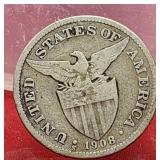 1908-S Philippines 75% Silver Half Dollar