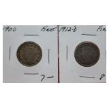 1900 & 1912-D Liberty Nickels With Cents