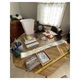 Pill organizers, clock, pens, trash can and crown