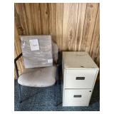 Chair, filing cabinet and padded cushion