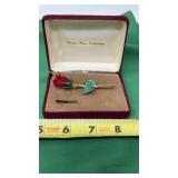 Gold Tone Red / Green Enamel Long Stem