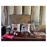 Christmas pillows, CDï¿½s, glass vase, coffee mugs,