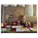 Fall kitchen towels, tray, pumpkin stakes,