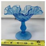 Fenton swirled blue glass compote dish