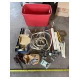 PVC pieces, brackets, level, lighters, electrical