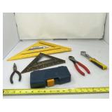 Ryobi drill bits, squares, needle nose pliers,