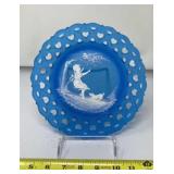 Westmoreland blue satin glass plate with holder