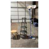 Corner shelf, floor lamps, wooden chair