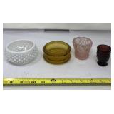 Fenton white dish, amber glass dish and toothpick