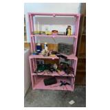 Pink shelf w contents, tools miter saw , heat gun