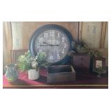 Jewelry box, clock, jars, artificial plants,