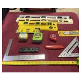 Tape measures, square and levels