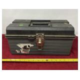 Plastic carry tool box with contents.