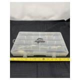 Okeechobee plastic fishing box with lures inside.
