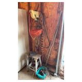Extension cord, vintage stool, jumper, cables,