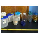 Sun tea jars, glass and plastic pitchers