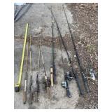 Zebco, Mitchell and XR reels with several rods.