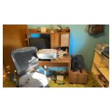 Office desk, computer, printer chair, and
