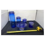 Cobalt blue canister, set with decorative serving