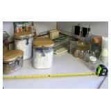 Flour and sugar containers, cookbooks, salt &