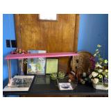 Vase, pictures, artificial flower arrangement and