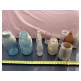 Blue ball jars one with lid, Pepsi-Cola bottle,