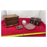 Jewelry boxes, including a Gothic wooden and a