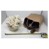 Pine cones, vase w artificial flowers