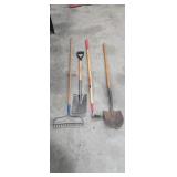 Shovels, rake, spade