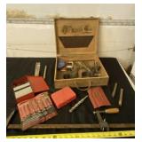 Craftsman drill bits, and wood box full of bits.