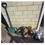 Snow shovel,terracotta pots bag of salt melt and