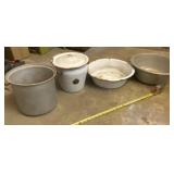 White enamel ware bucket with lid, aluminum pot