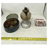 Gulf Wax, tin of buttons and old oil lamp without