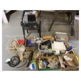 Black plastic chair and everything on floor.