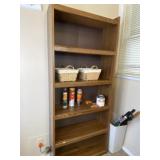 Wood book shelf, two baskets, cleaners, engine