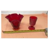Vintage iridescent goblet glass with Amberina Red