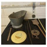 Ash bucket, shovel and fireplace poker.