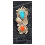 Turquoise & Coral Sterling Ring Size 7.75