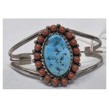Native American Signed SRY  Turquoise, Coral &