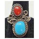 Turquoise & Coral Sterling Ring Size 6.5 4.68g