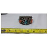 Coral Sterling & Turquoise Cuff  Artist Signed BP