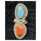 Turquoise & Coral Sterling Ring Size 5.5