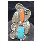 Sterling Turquoise & Coral Signed Ring Size 7