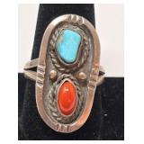 Turquoise, Coral & Sterling Ring Size 11, 8.54g