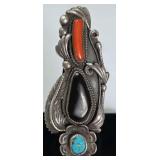 Turquoise, Coral, Onyx  & Sterling Ring Size 5.5,
