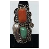 Navajo Coral, Turquoise & Sterling Ring  Size