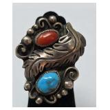 Navajo Coral, Turquoise & Sterling Ring  Size