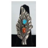 Turquoise, Coral,  & Sterling Ring Size 6.5,