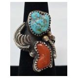 Navajo Coral, Turquoise & Sterling Ring  Size 5,